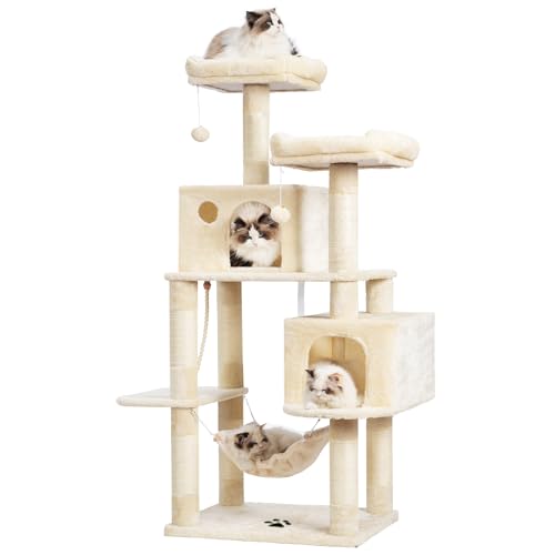 Image of Hey-brother Large Multi-Level Cat Tree Condo Furniture with Sisal-Covered Scratching Posts, 2 Bigger Plush Condos, Perch Hammock for Kittens, Cats and Pets Beige MPJ020M