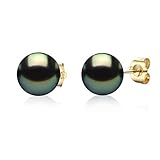 CHAULRI Real 14K Gold AAAA 8-9mm Tahitian Cultured Black Pearl Stud Earrings Round - Birthday Anniversary Jewelry Gift for Women