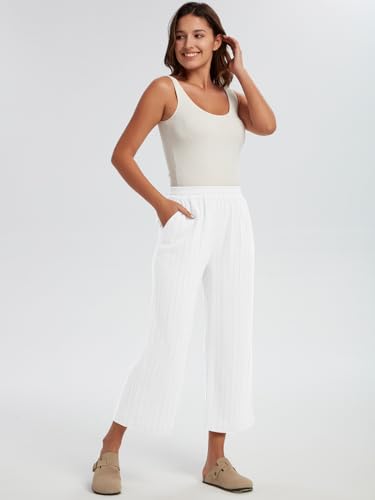 Les umes Womens Linen Cropped Pants Elastic Waist Wide Leg Stripe Casual Loose Plus Size Trousers with Pockets4