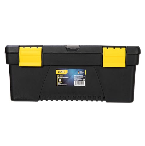 Image of Deli DL432414 14 inch Multipurpose Tool Box with Transparent Storage Isolation Tray & Two Layer Folding Structure Carry Handle Hand Tools Kit for DIY Home and Professional Use (Pack of 1, Yellow /Black)