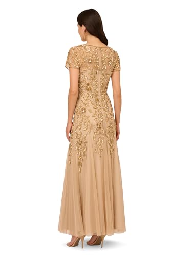 Image of Adrianna Papell Women's Beaded Gown with Godets - Floor Length Gown with Floral Embellishments & Cap Sleeves