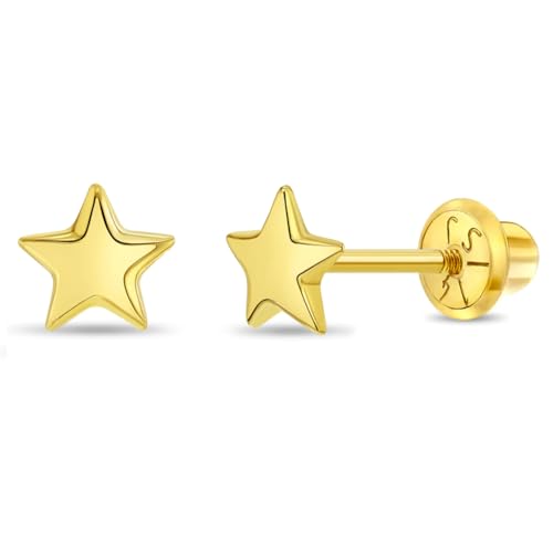 14k Yellow Gold Puffed Star Screw Back Earrings For Toddlers & Little Girls - Small Star Shaped Girl Earrings - Polished Safety Screw Back Girl Earrings For Young Girls