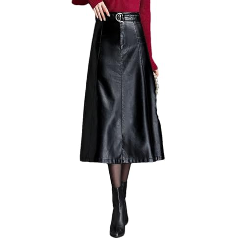 Women Pu Leather Long A-Line Skirt with Belt High Waist Elegant Midi Office Lady Skirt