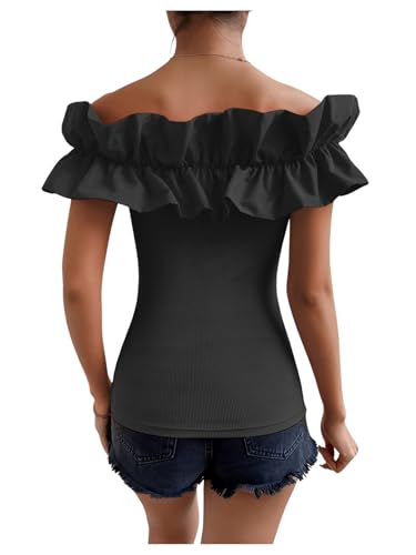 OYOANGLE Women's Ruffle Trim Off Shoulder Short Sleeve Blouse Party Tops Shirt2