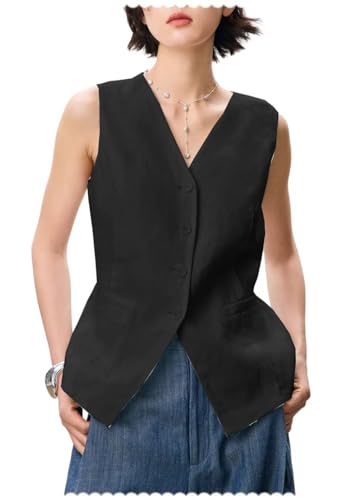 Women's Classic Linen Suit Vest Single Breasted Breathable Casual Sleeveless Waistcoat