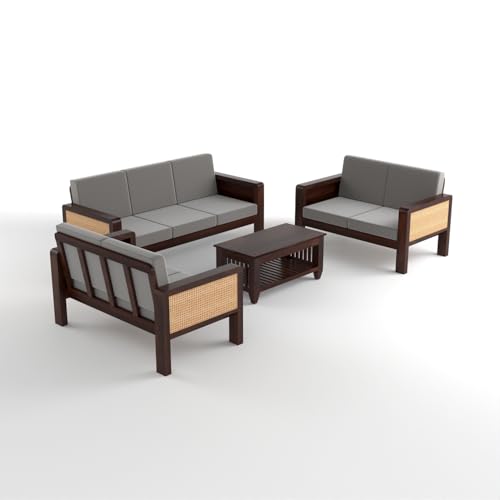 Image of Sheesham Wooden 7 Seater Sofa for Living Room | Solid Wood Sofa with Cane Side Panel | Rosewood Sofa Set for Home & Office | Lounge (Walnut Finish, 3+2+2 Seater)