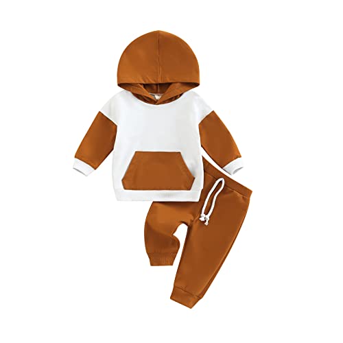 Image of Karesoull Toddler Boy Clothes Patchwork Sweatshirts Long Sleeve Tops Solid Pants Outfit Fall Winter Baby Hooded Clothe Set