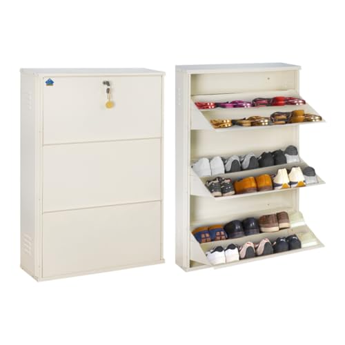 Image of DELITE KOM 29 inch Wide, 6 Shelf Metal Shoe Rack Wall Mounted for Home with Central Lock | Holds Upto 24 Shoes or 36 Slippers Pair | Double Decker, 1Yr Warranty, (41x29x8, Ivory), DIY, Space Saver