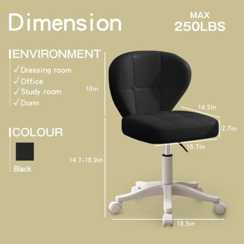 Image of Small Office Chair with Lumbar Support, PU Leather Armless Swivel Desk Chair Adjustable Height, Compact Rolling Chair for Home Office, Bedroom, Study Black Set of 2