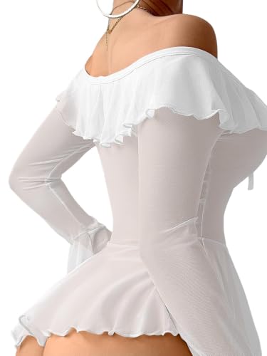 Image of Foxiny Sheer Ruffle Long Sleeve Babydoll Lingerie Dress | Off-shoulder neckline, flared cuffs and a flounce hem add movement; thong and thigh-high stockings complete the 3-piece set