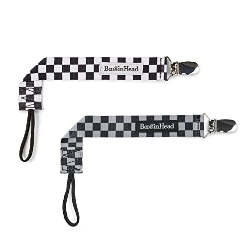 Image of BooginHead Pacifier Clip Baby Pacifier Holder PaciGrip 2-Pack, Black and Gray Check
