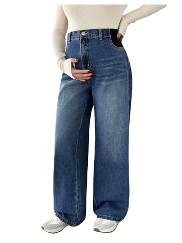 MakeMeChic Women's Maternity Jeans Loose Wide Leg Over The Belly Straight Pregnancy Jeans Denim Pants Blue Large