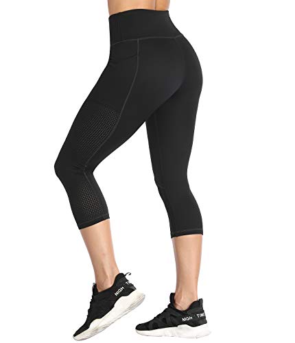 RAYPOSE Workout Leggings For Women With Pockets Tummy Control Gym Butt Lifting Capri Yoga Pants With Mesh Cut Out Black-S - Image 4