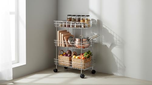 Image of Stainless Steel 3-Tier Kitchen Trolley with Wheels | Multipurpose Storage Rack Organiser | Vegetable Stand for Kitchen | Onion, Potato & Fruit Basket Cart