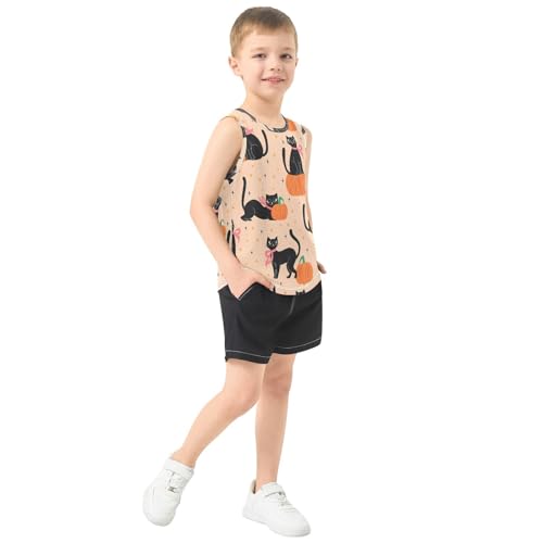 Bolaz Boys Athletic Quick Dry Tank Top Sleeveless Workout T Shirts Age 11-15,Black Cat Pumpkin Star Pattern4