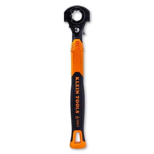 Image of KLEIN TOOLS KT171HFINS 5-in-1 Insulated Lineman Wrench with Dual Hammer Faces, 1000V Rated, Ratcheting Pass-Through Design, Tether Hole, Ergonomic Grip for Utility Pole Hardware