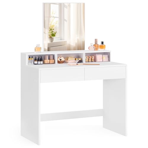 VASAGLE KAILYN Collection - Coiffeuse, Miroir Rectangulaire, Table de Maquillage avec Miroir, 2 Tiroirs et 3 Compartiments, 40 x 80 x 140 cm, Coin Beauté, Style Moderne, Blanc RDT113W01
