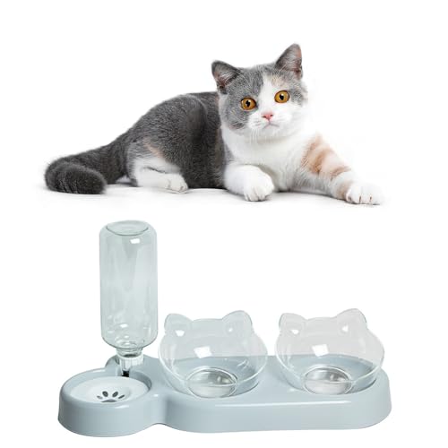 Platos para Gatos, Cuencos para Gatos Comedero, Comedero Gato Automatico, Comedero Gatos 3 Cuencos, 15°Inclinación Tazón de Alimentación contra Gusanos para Mascotas para Gatos Cachorros (Gris)