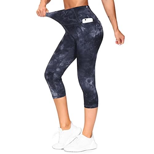 THE GYM PEOPLE Women's High Waist Tummy Control Capris Leggings 18" Inseam Medium Black/Dark Grey/White