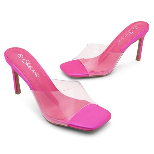 Image of Shoe Land Melrose Women's High Heels Stiletto Heeled Slides, Square Open Toe One Band Slip-On Heeled Mules - Dressy Clear Heeled Sandals for Prom Party Wedding and Vacation