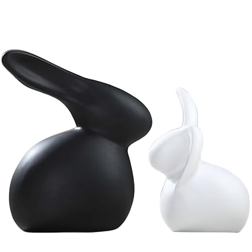 Image of NOSCOMP Modern Sitting Ceramic Rabbit Figurines for Home, Office, and Easter Decor | Set of 2 Minimalist Black and White Bunny Sculptures.