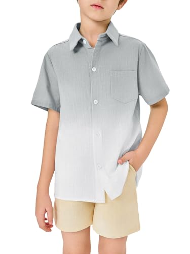 Boys Button Down Shirts Gradient Linen Casual Short Sleeve Beach Summer Boy Shirt with Pocket 2-14 Years