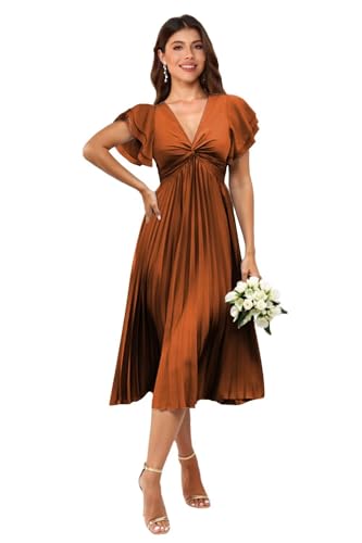 Elegant V Neck Satin Bridesmaid Dresses 2025 Short Sleeves Formal Dresses with Pleat TM169