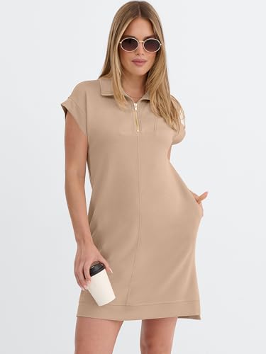 Image of ANRABESS Womens Summer Casual Half Zip Cap Sleeve Trendy Wrinkle-Free Tshirt Dress 2026 Spring Beach Vacation Short Dresses