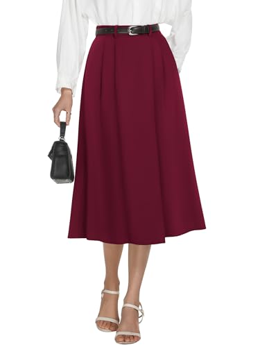 Image of Casly Lamiit A-Line Midi Skirts for Women Business Skirt | Elastic High Waisted, Pleated with Pockets, Work Skirts Casual
