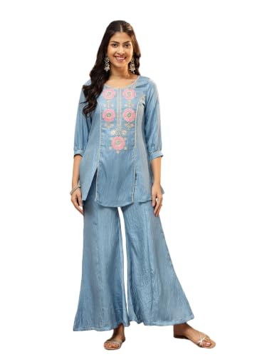 Image of Vbuyz Women Floral Embroidery Stylish A-Line Fandy Silk Kurta With Palazzo