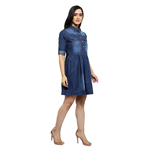 Image of Women's Casual Denim Dress with Regular Fit Solid Pattern Knee-Length 3 /4th Sleeves Flare A-line Design|Denim midi Dress for Women