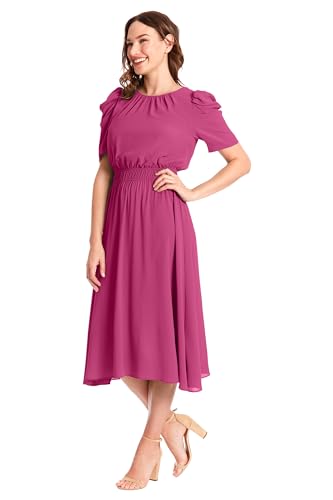 Image of London Times Women's Caterpillar Puff Sleeve Midi Dress - Gathered Waist A-Line Flowy Summer Dress