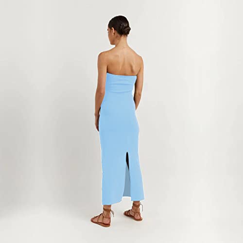 Image of WFHFNJW Women Sexy Twist Knot Front Ribbed Knit Bodycon Bandeau Tube Dress Casual Solid Strapless Maxi Long Dress
