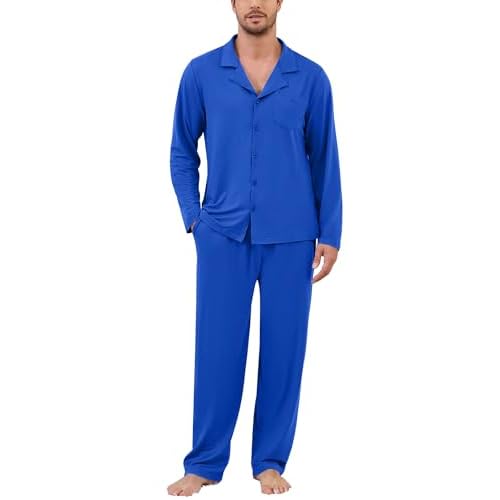 Marvmys Mens Pajama Set Soft Button Down Pajamas Long Sleeve Pjs Sleepwear Loungwear Comfy Sleep Sets with Pockets S-3XL Small Snorkel Blue
