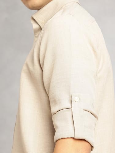 Image of Thomas Scott Men's | Solid | Textured Fabric | Full Sleeve | Slim Fit | Polyester-Blend | Spread Collar | Casual Shirt
