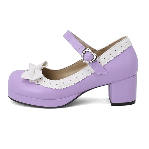 Bellirala Womens Retro Rockabilly Shoes Chunky Heeled Mary Jane Mid Block Heel Pumps with Bows2