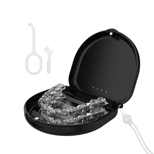 Zahnspangendose Zahnschiene Box Mit Silikon-Handgelenkband und Belüftungslöchern Retainer Case mit Entnahmewerkzeugen& Bürste (Schwarz)