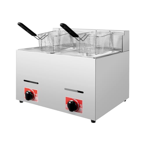 Commercial Gas Deep Fryer, 12L Dual Tank Countertop Stainless Steel Deep Fryer Machine Kitchen Frying Machine w/2 Removable Baskets & Lid, Double Fryer for Home, Returant (Style 2)