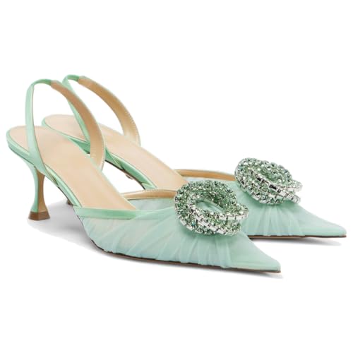 Women's Elegant Slingback Pumps Sparkly Rhinestone Embellished Tulle Sandals Pointed Toe Kitten High Heels for Wedding Party Prom Evening Shows