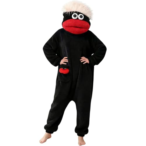 SEHIOZNI Kids Funny Green Monster Onesie Silly Big Mouth Monster Cartoon Soft Plush One Piece (Black 10-13 Years)