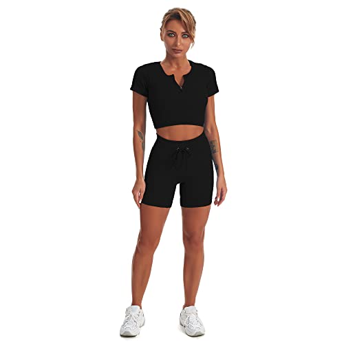 LinKeTop Ensembles de gym pour femme 2 pièces - Tenue de yoga taille haute - Legging sans couture, 01 Noir, S Cover
