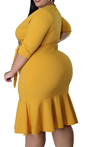 Womens Plus Size Bodycon Dress 3/4 Sleeve Wrap V Neck Belted Wear To Work Dresses Yellow 2Xlarge #TOP1