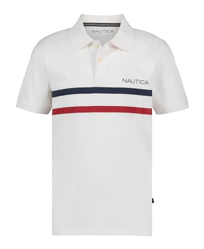 Nautica Boys' Short Sleeve Fashion Polo, Button Closure, Soft & Comfortable, Double Stripe White, 14-16