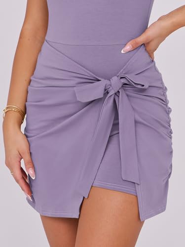 Image of Caracilia Women Summer Sleeveless Bodycon Tie Cinched Waist Romper Skort Mini Dress Built in Shorts Night Out Vacation Dress