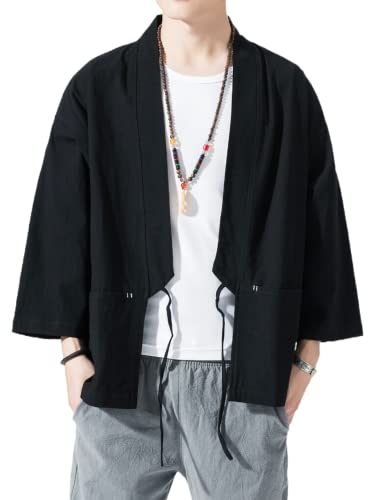 Image of Men's Japanese Kimono Cardigan Loose Cotton Linen 3 /4 Sleeve Open Front Casual Summer Shirt Jackets