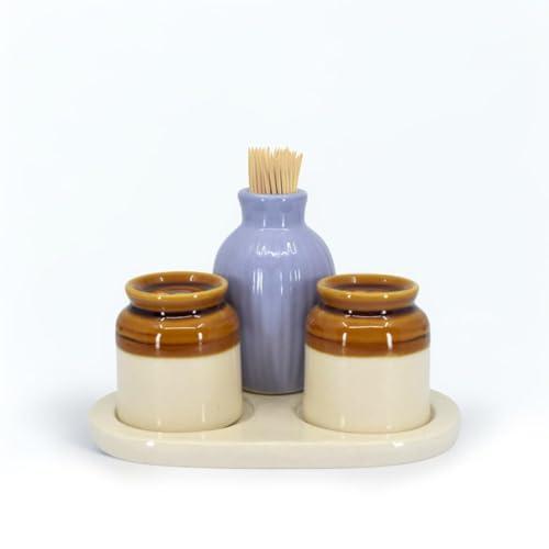 Image of Elegant Ceramic Salt Pepper Set for Dining Table & Kitchen Salt Shakers Set | Classic Design, Easy Refill, Perfect for Kitchen & Dining - 60ML (with Tray & Toothpick Holder, 1 Set)