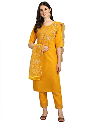 Image of VredeVogel Women Cotton Slub Straight Kurta Set With Pant and Net Embroidery Dupatta
