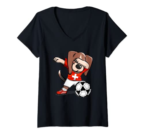 Femme Dabbing Beagle Dog Suisse Maillot de supporter de football T-Shirt avec Col en V