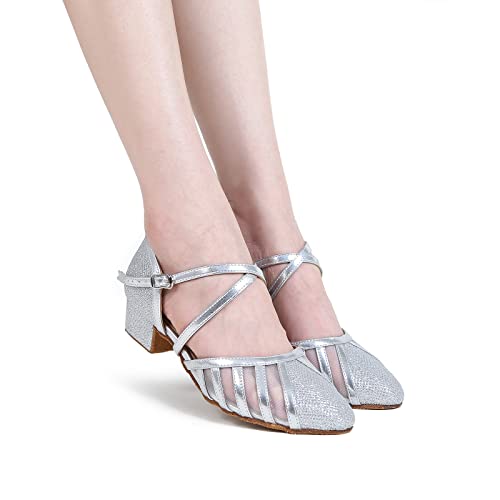 Image of Low Heel Ballroom Dance Shoes Women Latin Salsa Wedding Practice Dancing Shoes Sparkle Comfortable Closed Toe Dance Heels 1.5inch
