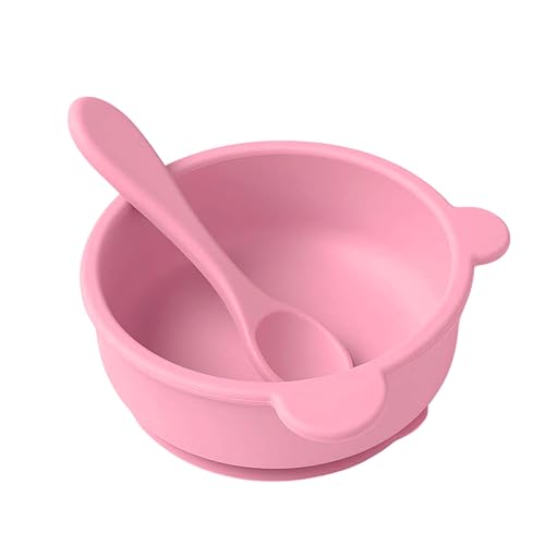 Image of Silicone Baby Feeding Bowl and Spoon Set for Babies with Suction Base, BPA-Free, Non-Slip, Safe for Infants and Toddlers Mealtime (Pink)